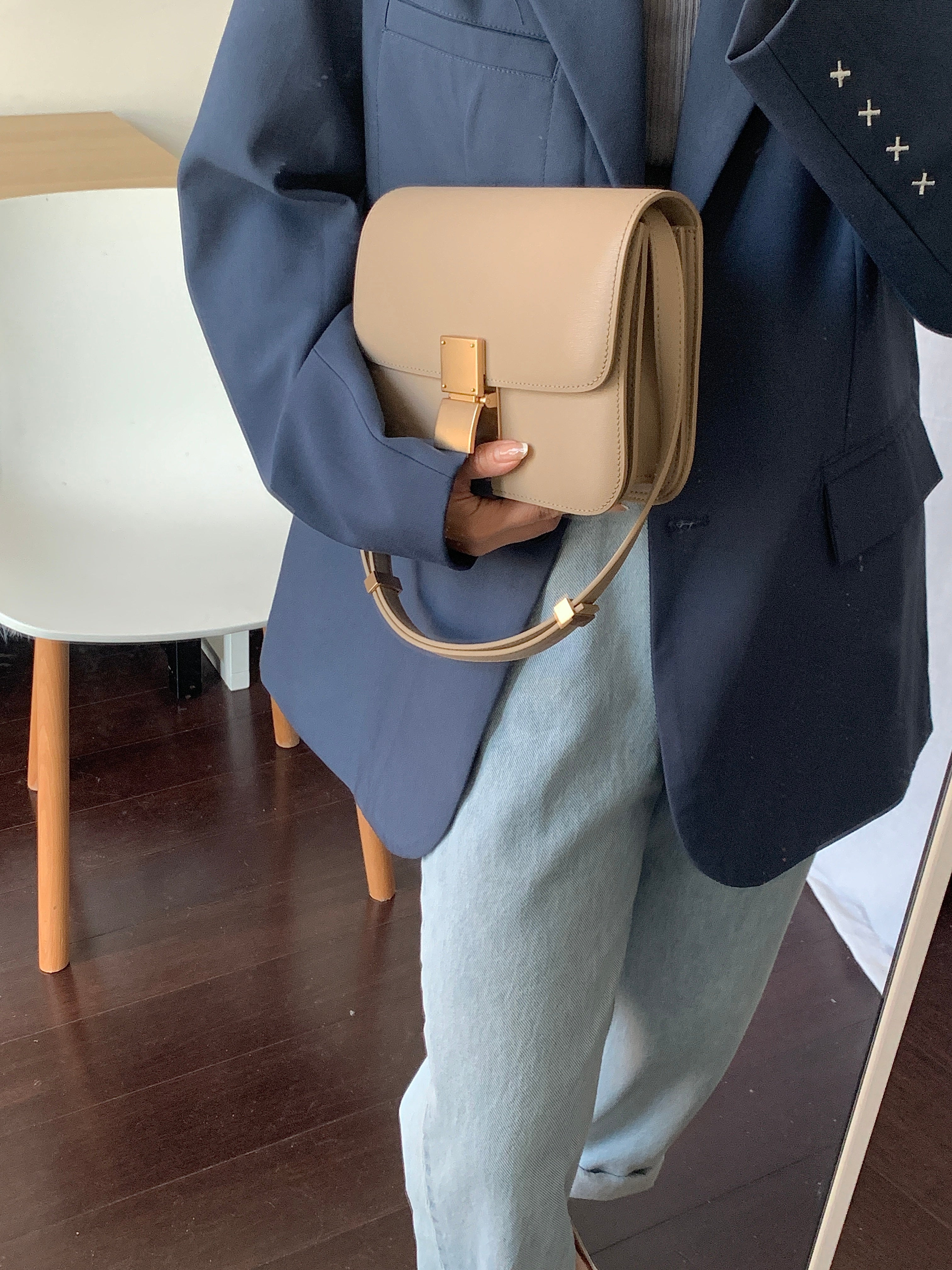 Korean Style Minimalistic Brown Calfskin Leather Box Bag