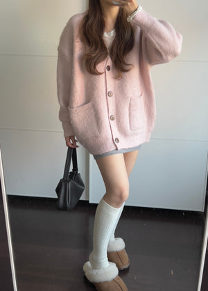 [Korean Style] Fluffy Loose Fit Single Breasted Solid Color Slouchy Cardigan