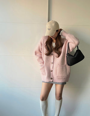 [Korean Style] Fluffy Loose Fit Single Breasted Solid Color Slouchy Cardigan