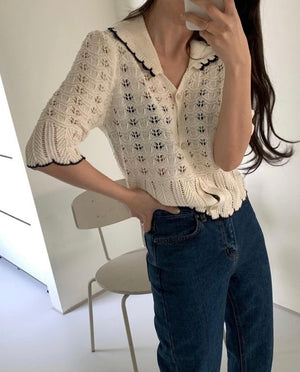[Korean Style] Contrast Pipping Crochet Short Sleeve Collared Knit Top