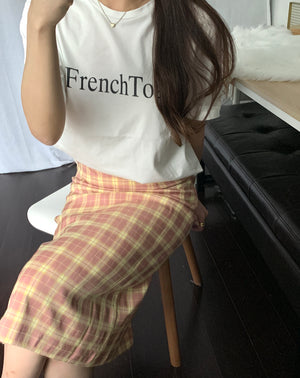 [Korean Style] High Waist Plaid Slit Midi Pencil Skirt