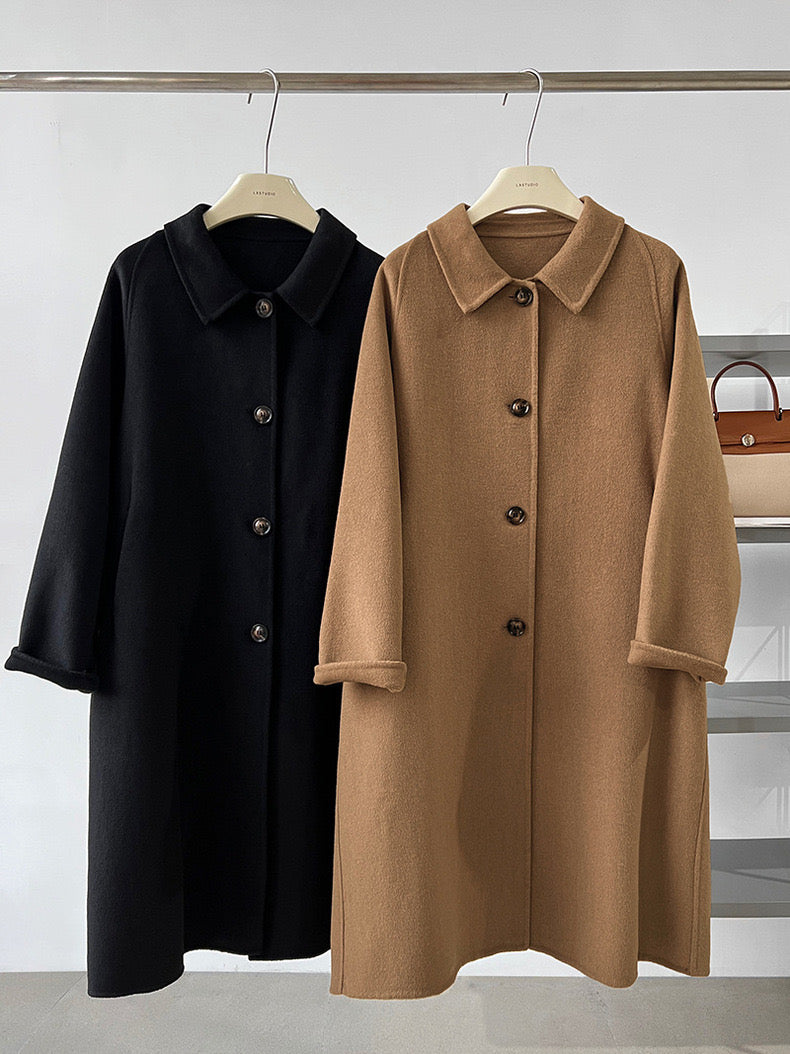 [Korean Style] 2 Color Cashmere Single Breasted A-line Woolen Coat No Lining