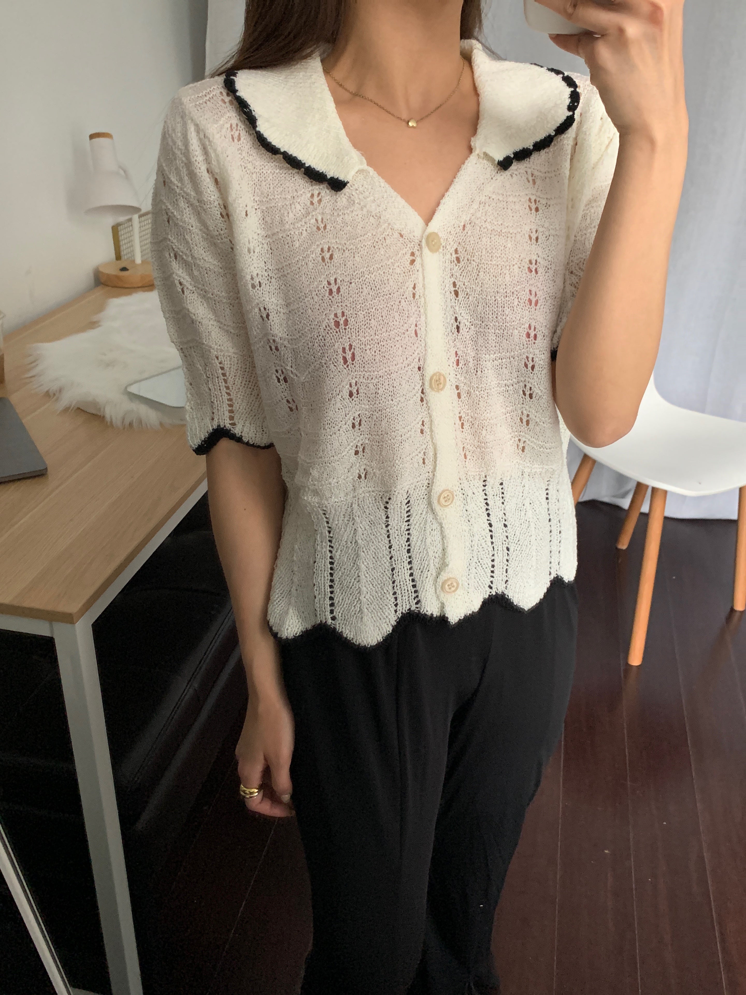 [Korean Style] Contrast Pipping Crochet Short Sleeve Collared Knit Top