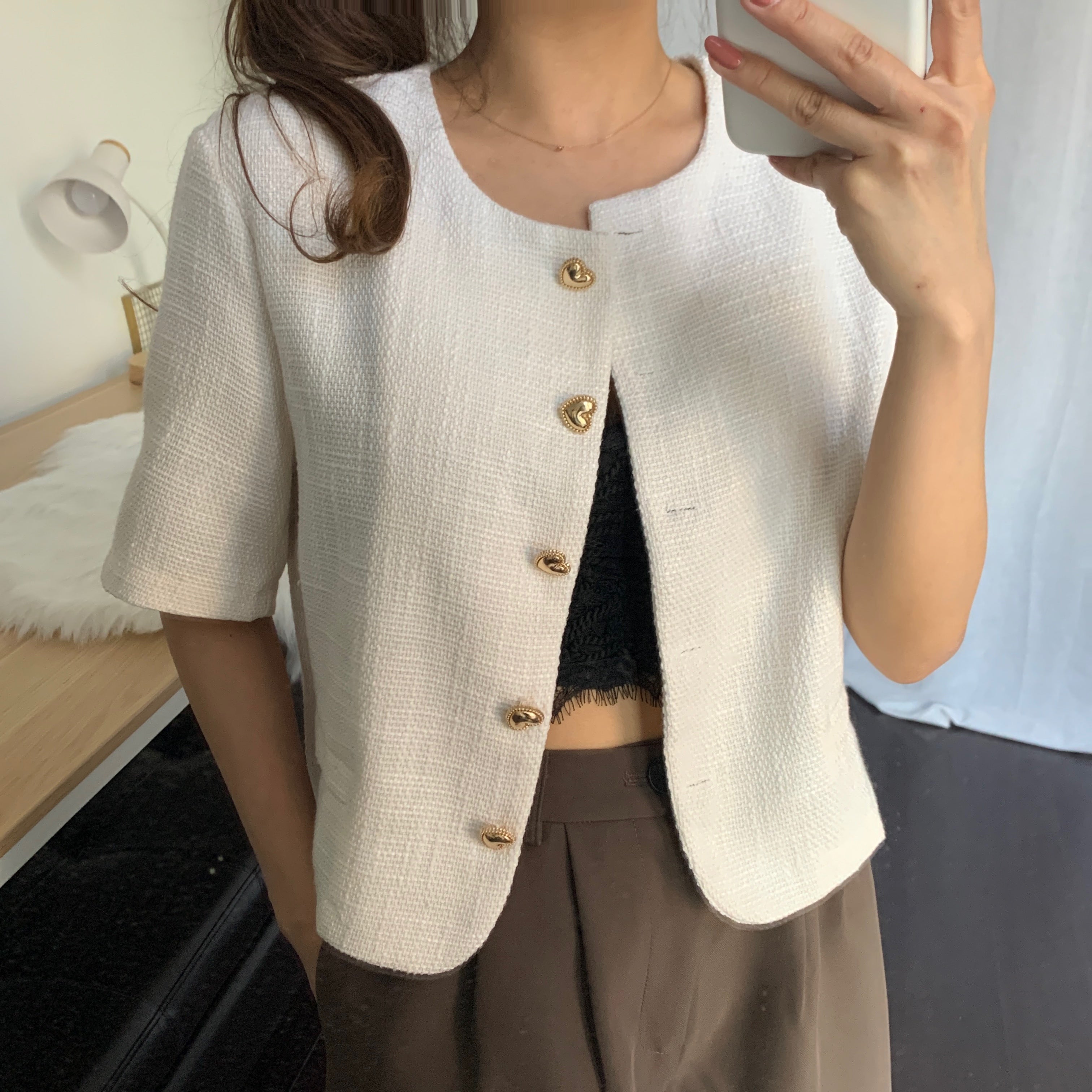 [Korean Style] Light Weight Collarless Cropped Jacket w/ Heart Shape Buttons