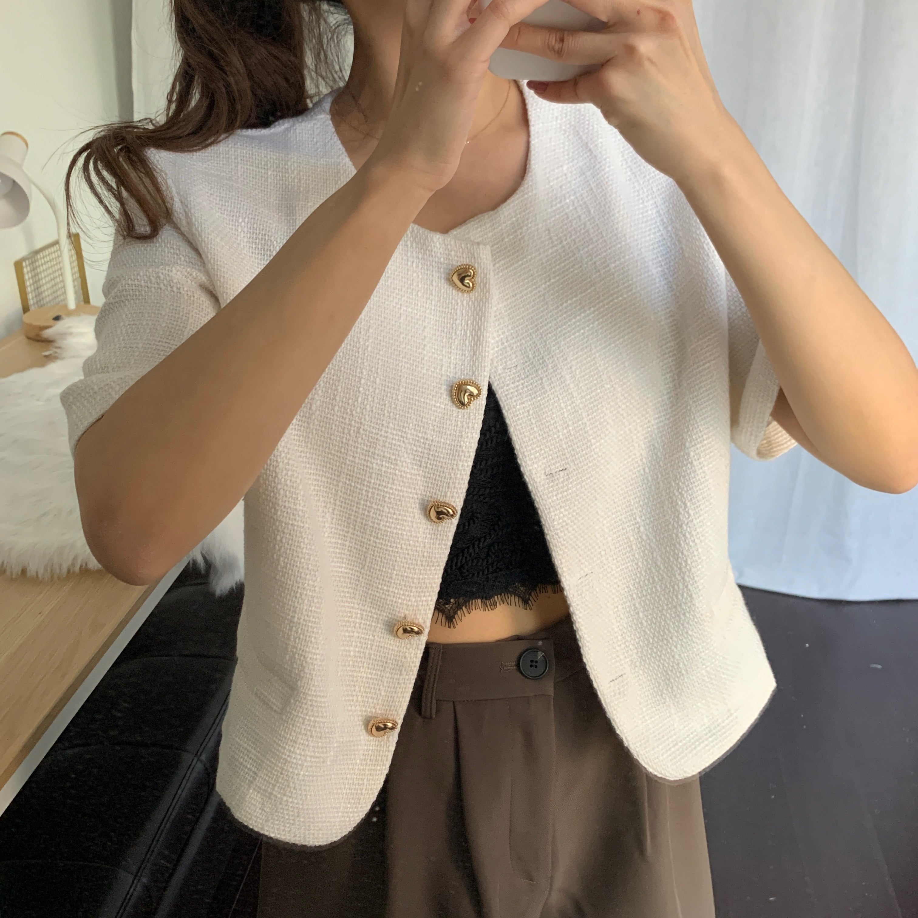 [Korean Style] Light Weight Collarless Cropped Jacket w/ Heart Shape Buttons