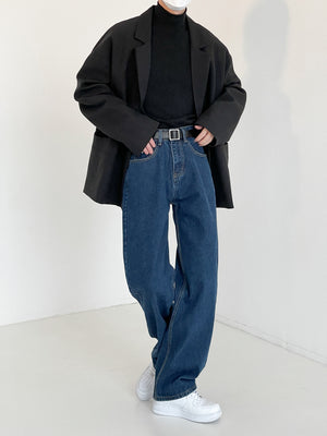 [Korean Style] Wide-Fit Washed Denim Jeans