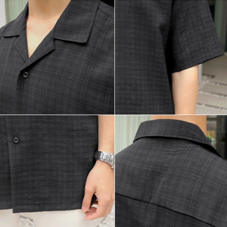 [Korean Style] Black Short Sleeve Casual Plaid Shirts