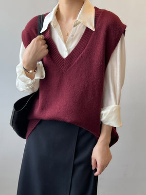 [Korean Style] Soft Felt Loose Fit V Neck Sweater Vest