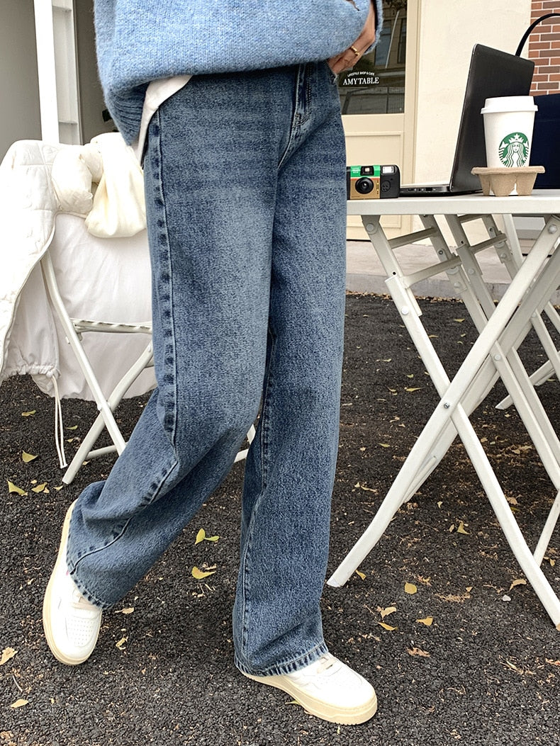 [Korean Style] Medium Washed Full Length Wide Leg Straight Jeans