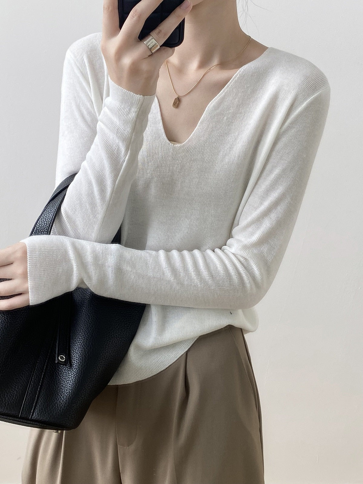 [Korean Style] Soft & Comfy Irregular Neckline Slim Fit Knit Top