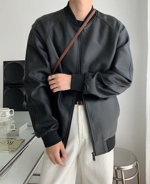 [Korean Style] Black Faux Leather Bomber Jackets