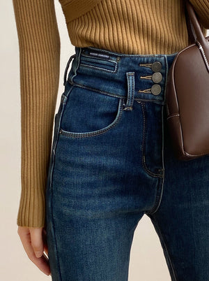[Korean Style] Fleeced High Waist Button Skinny Jeans