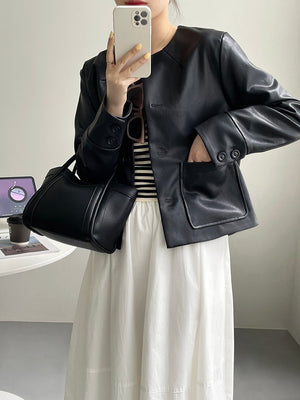 [Korean Style] High Quality Collarless Cropped Faux Leather Jacket