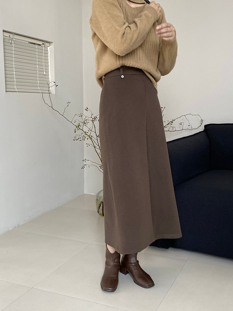 [Korean Style] 2 Color Hight Waist Straight Winter Long Skirt w/ Back Slit