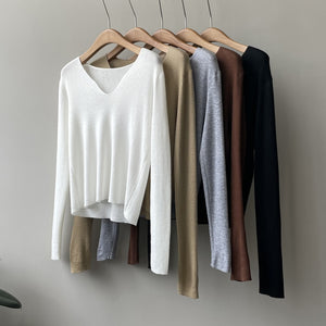 [Korean Style] Soft & Comfy Irregular Neckline Slim Fit Knit Top