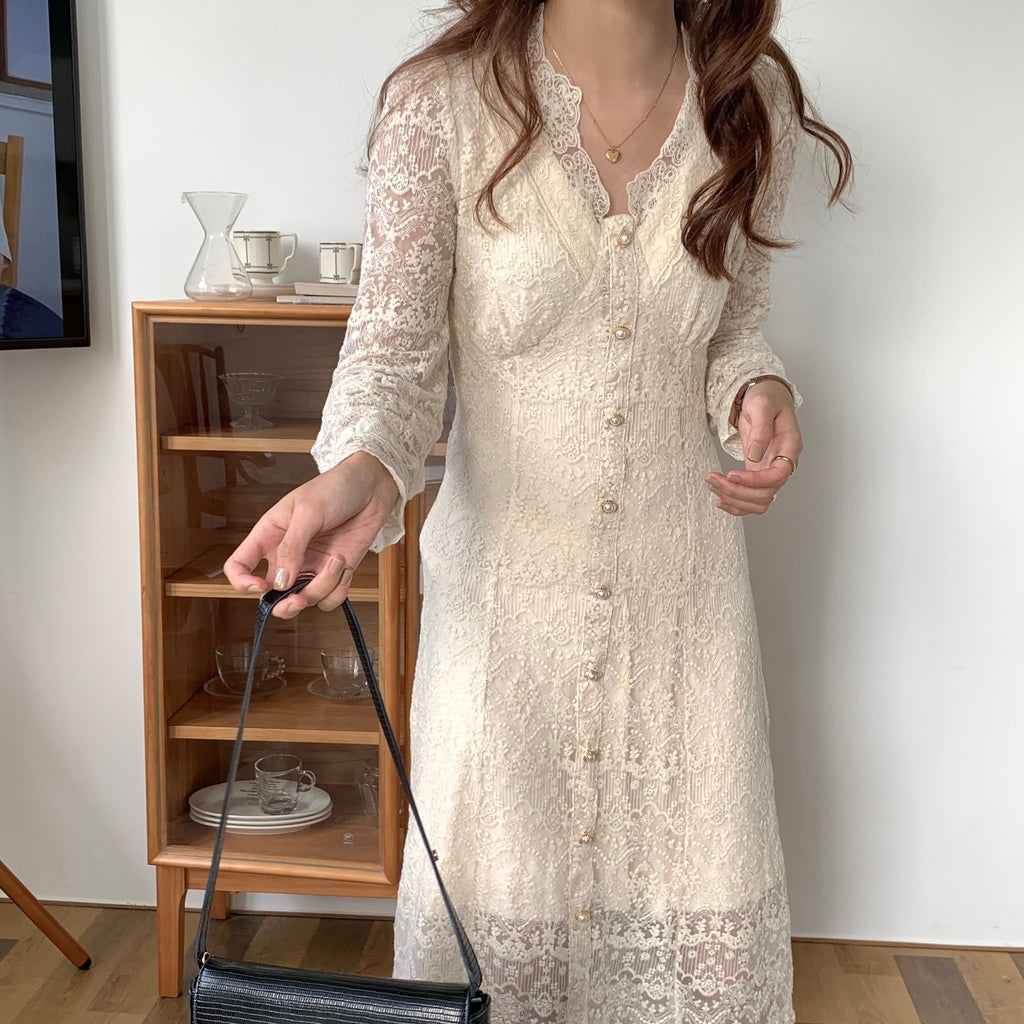 [Korean Style] French Style V-neck Lace Button-down One Piece Midi Dress