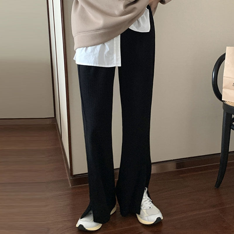 [Korean Style] Corduroy Cinched Waist Flare Pants w/ Slit