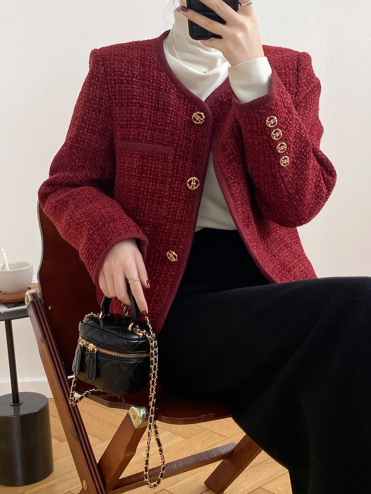 [Korean Style] Cotton Quilted Collarless Cropped Tweed Jacket