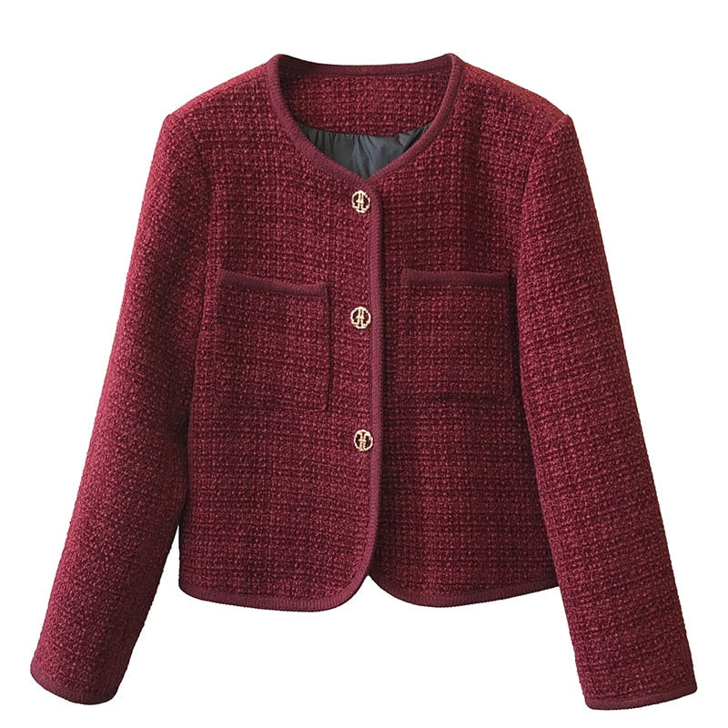 [Korean Style] Cotton Quilted Collarless Cropped Tweed Jacket