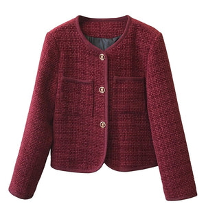 [Korean Style] Cotton Quilted Collarless Cropped Tweed Jacket