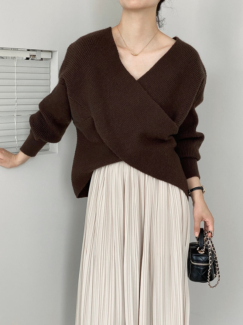 [Korean Style] V Neck Crisscross Sweater Knit Top