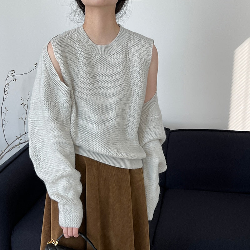 [Korean Style] Laidback Solid Color O-neck Sleeveless Knit Top w/ Long Sleeve Cardigan 2pc Set