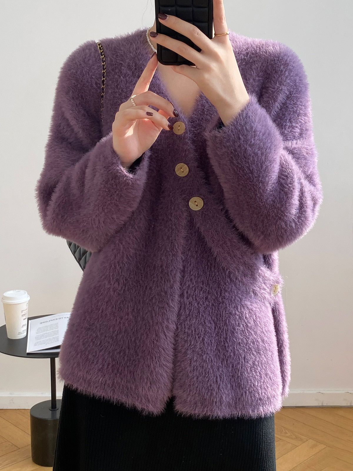 [Korean Style] 4 Color V neck Fluffy Button Cardigan