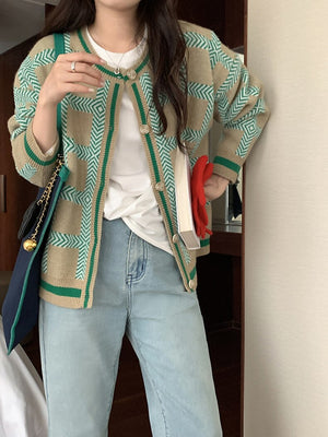 [Korean Style]  Contrast Color Pattern Knitted Cardigan
