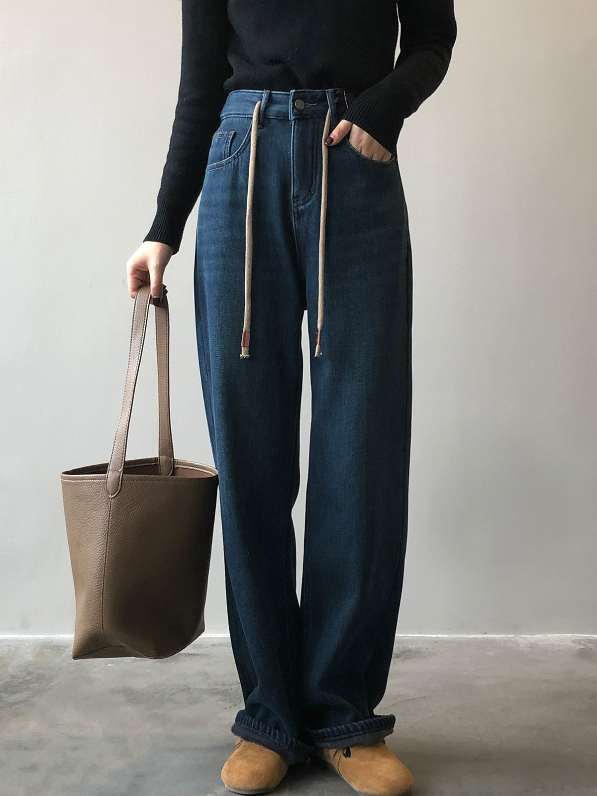 [Korean Style] Fleeced High Waist Drawstring Versatile Wide Leg Jeans