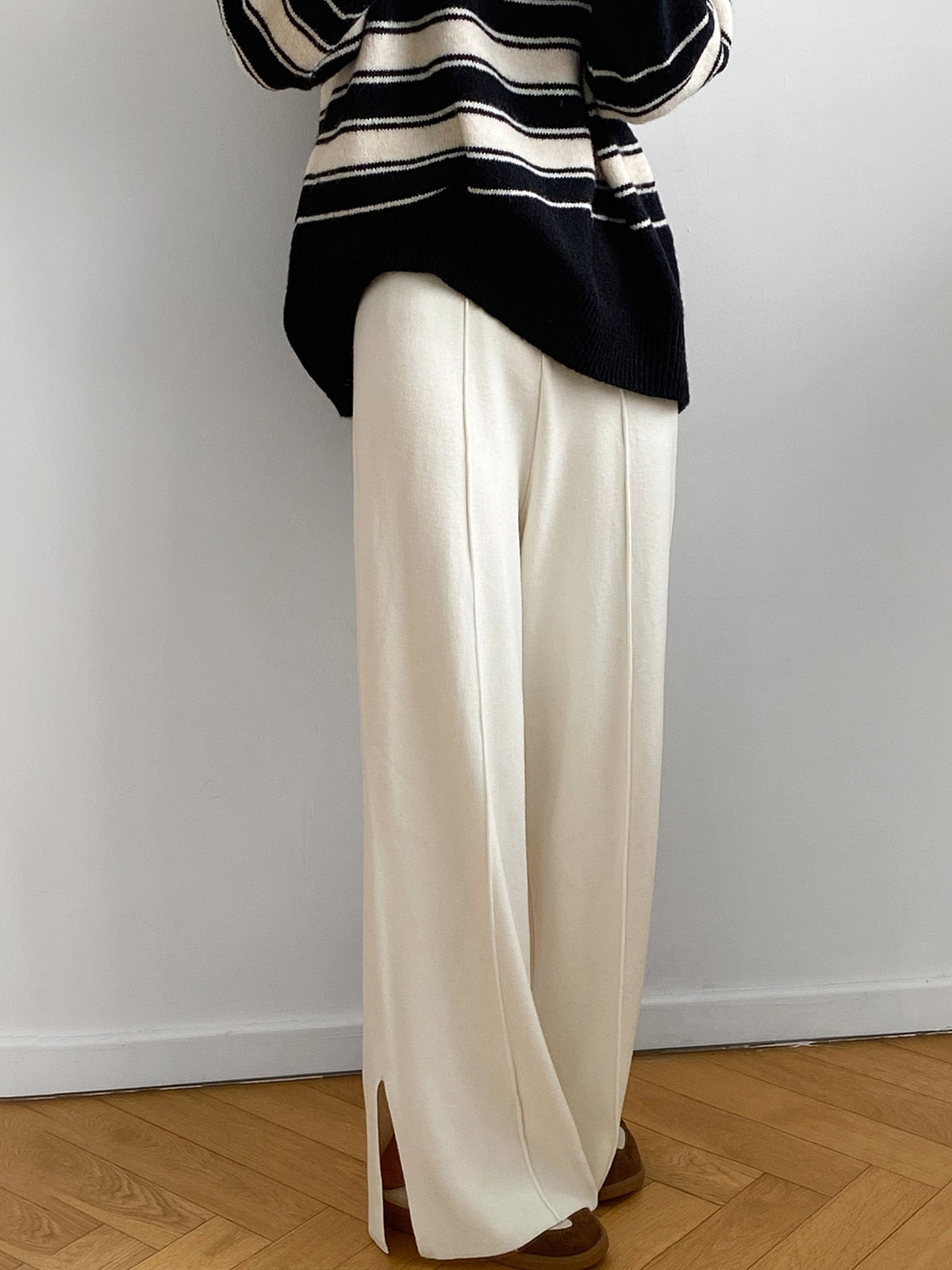 [Korean Style] 4 Color Drawstring Side Slit Full length Wide Leg Knit Pants