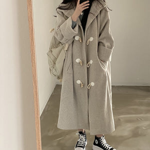 [Korean Style] 2 Color Toggle Button Fully Lined Hooded Long Coat