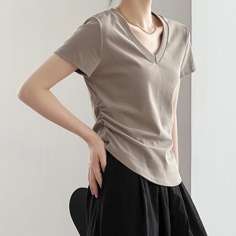 [Korean Style] Basic Solid Color V-neck Side Cinched Crop Top
