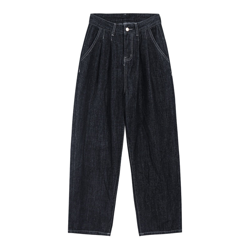 [Korean Style] Dark Washed High Rise Balloon Straight Jeans
