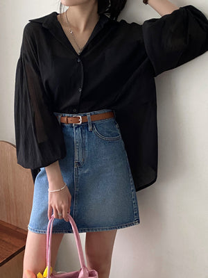 [Korean Style] Textured Back Slit Drawstring Blouse w/ Cinched Sleeve
