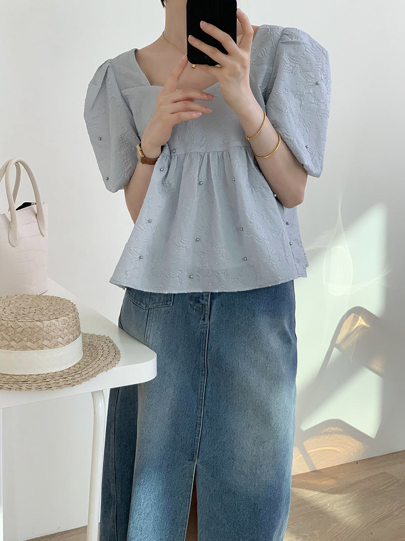 [Korean Style] Pearl Embellished Square Neck Puff Sleeve blouse