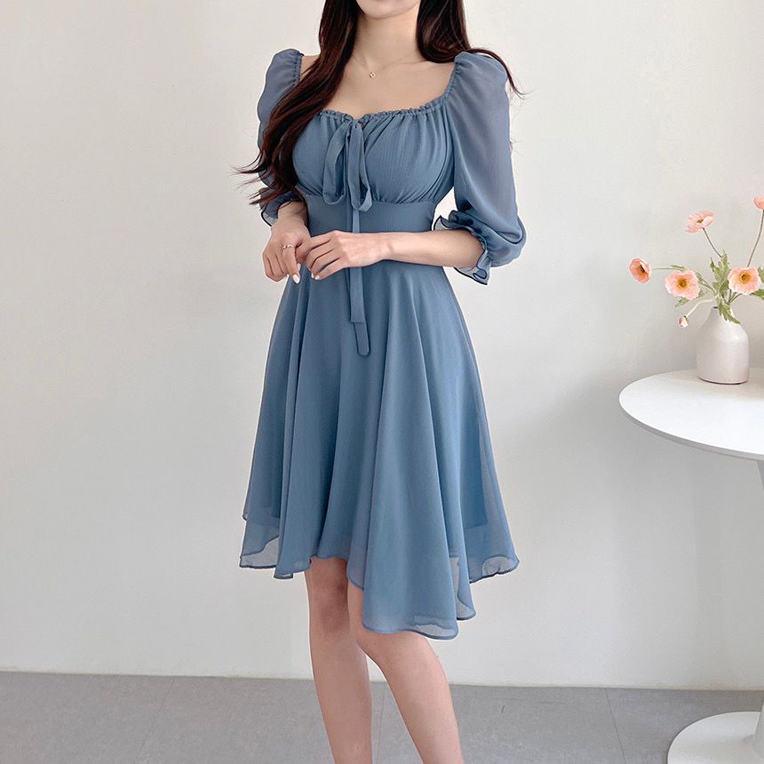 [Korean Style] Off-white Blue Flowy Chiffon Short Dress