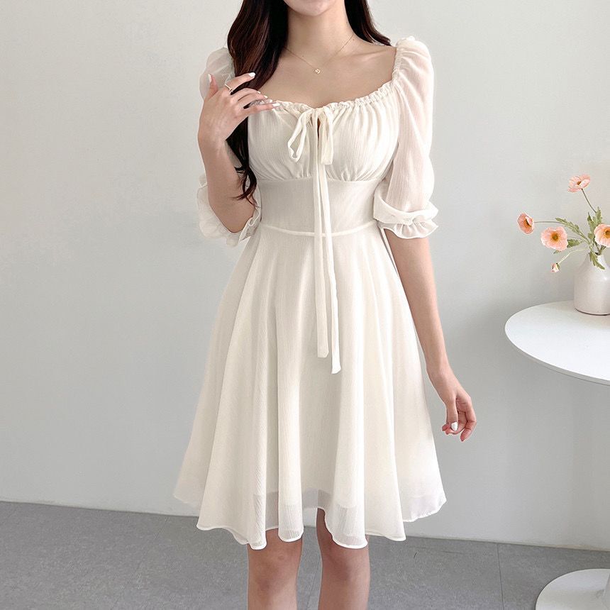 [Korean Style] Off-white Blue Flowy Chiffon Short Dress