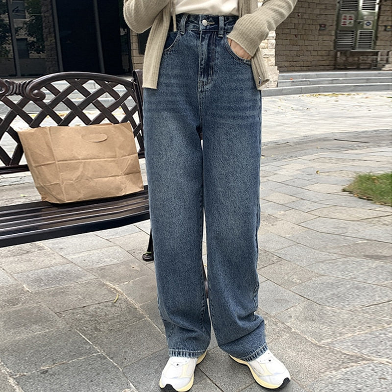 [Korean Style] Medium Washed Full Length Wide Leg Straight Jeans