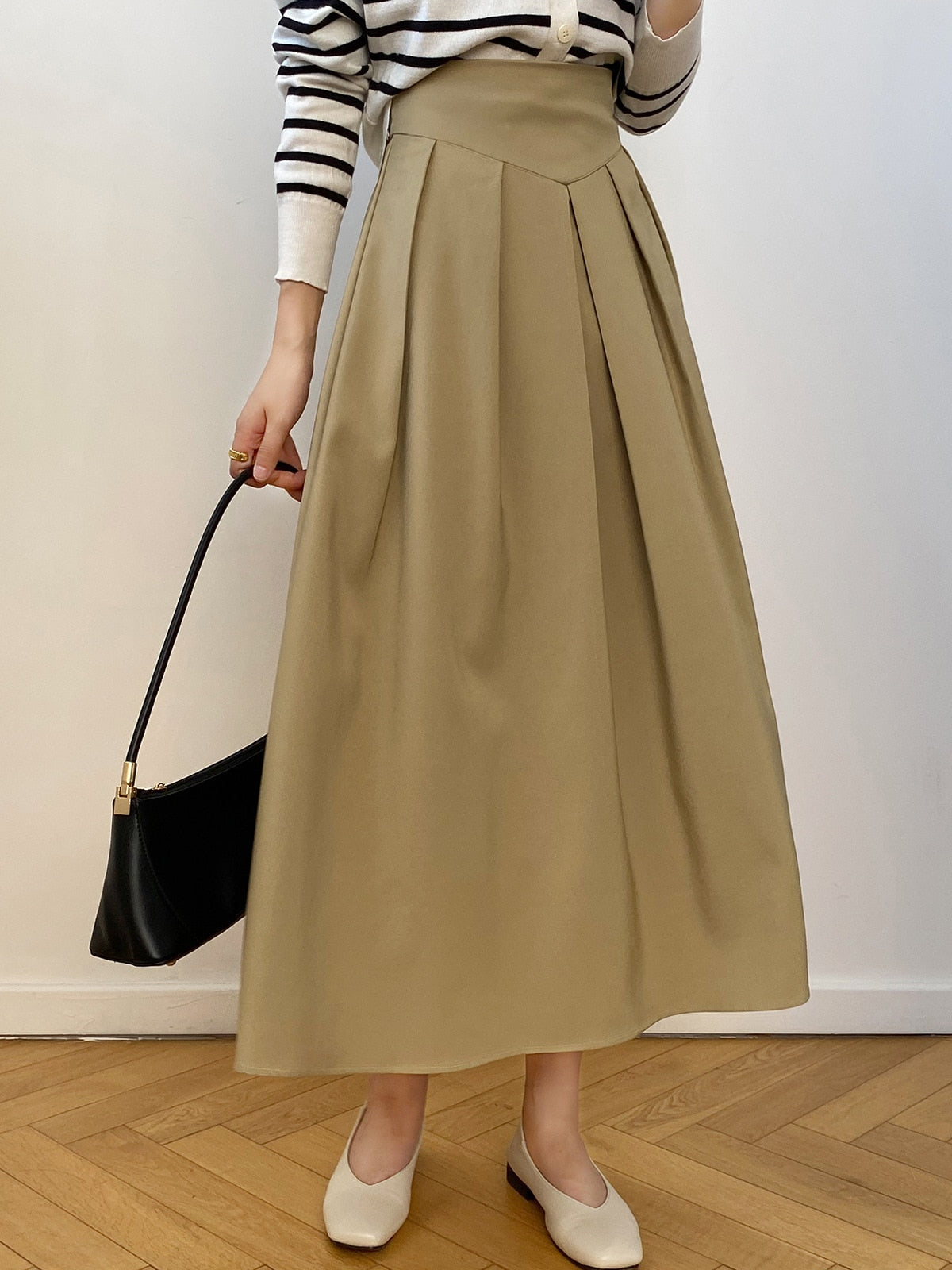 [Korean Style] French Style High Waist Pleated A-line Skirt