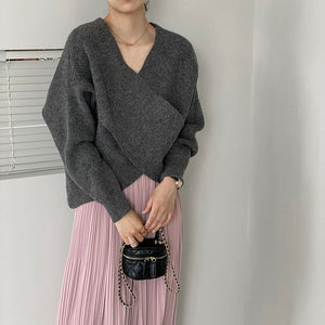 [Korean Style] V Neck Crisscross Sweater Knit Top