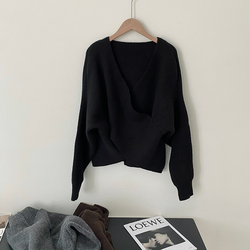 [Korean Style] V Neck Crisscross Sweater Knit Top