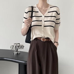 [Korean Style] V-Neck Striped Short Sleeve Knit Top Cardigan