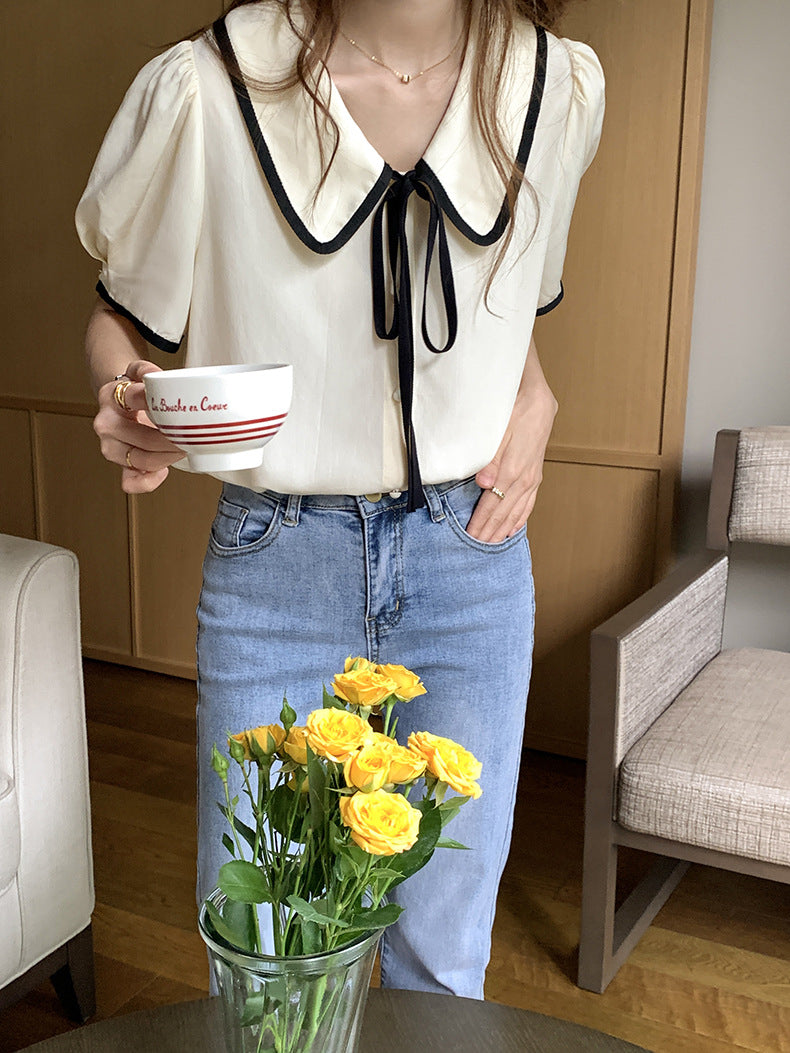[Korean Style] Chelsea Collar Contrast Pipped Short Sleeve Blouse