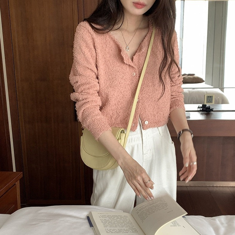 [Korean Style] 4 Color Round Neck Cropped Terry Cardigan