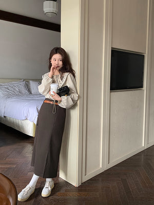 [Korean Style] Solid Color High Waist Pocket Slit Cargo Skirt