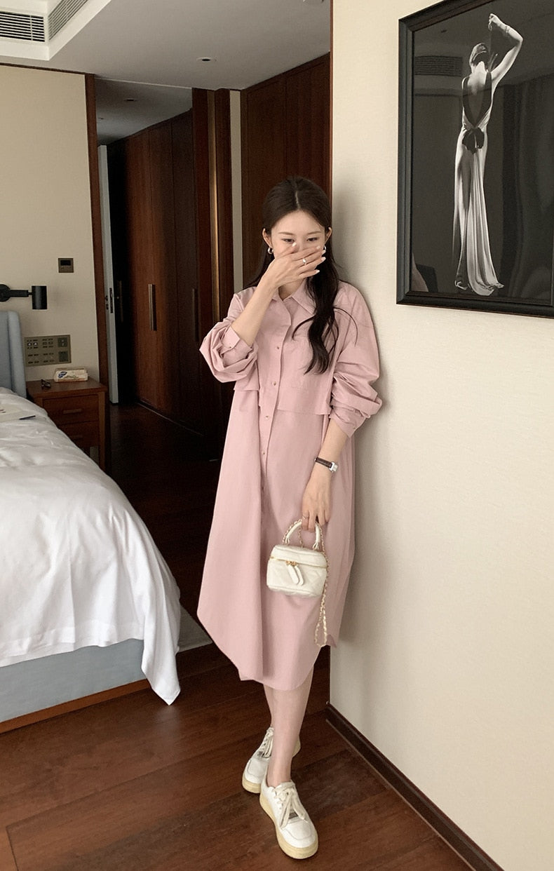 [Korean Style] Solid Color Pocket Midi Shirt Dress