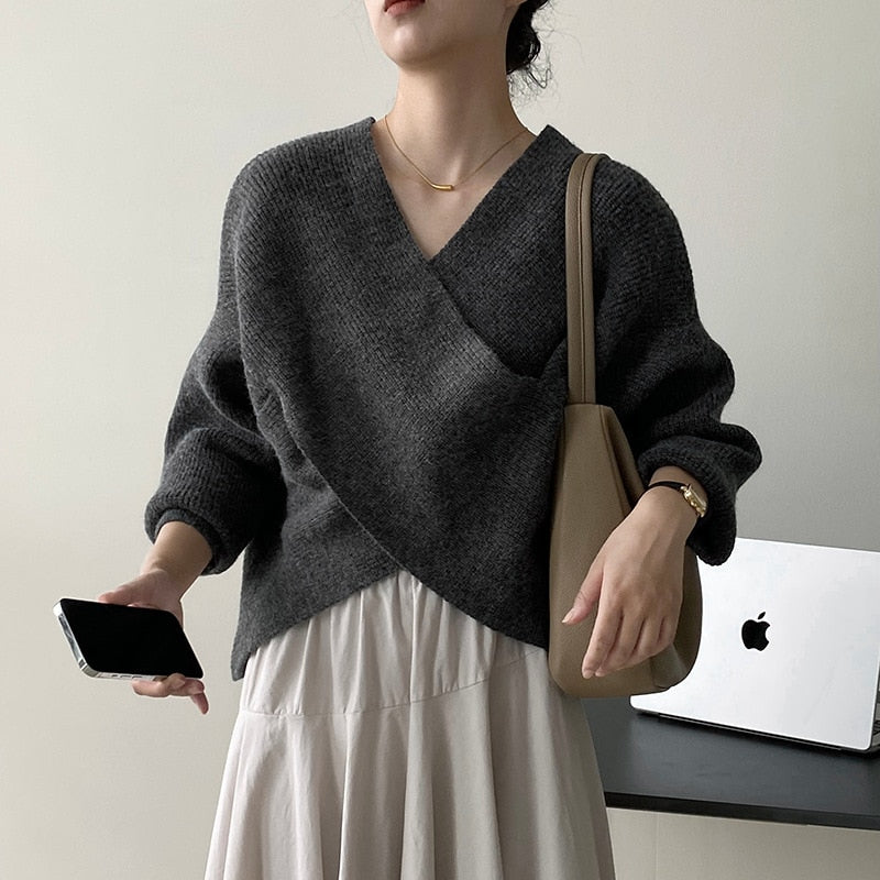[Korean Style] V Neck Crisscross Sweater Knit Top