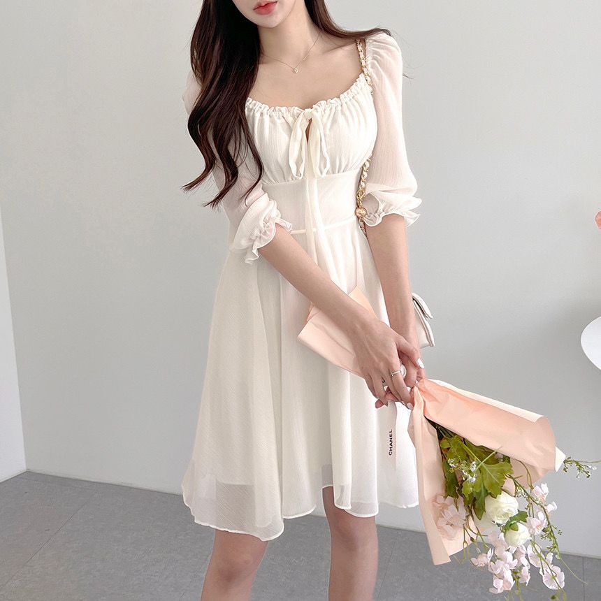 [Korean Style] Off-white Blue Flowy Chiffon Short Dress