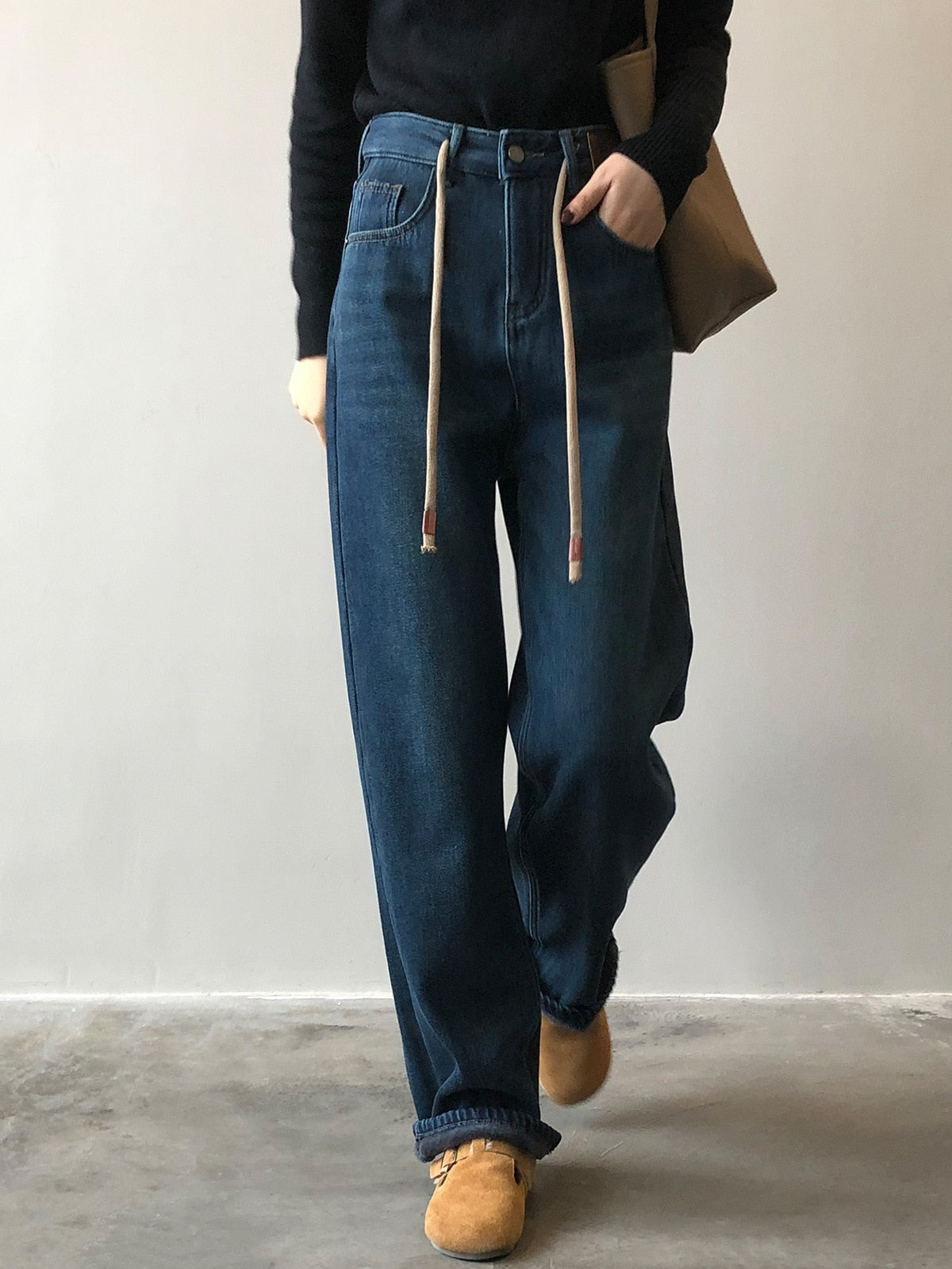 [Korean Style] Fleeced High Waist Drawstring Versatile Wide Leg Jeans