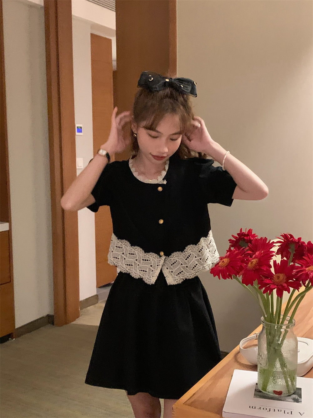[Korean Style] Black Puff Sleeve Lace Shirt Skirt 2 pc Set